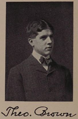 Senior photo of Theophilus "Theo" Brown from the 1901 The Aftermath yearbook. His signature, "Theo Brown," is located underneath the picture