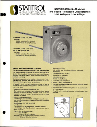 Model 40 (Ionization Duct Detectors) product information miniatura