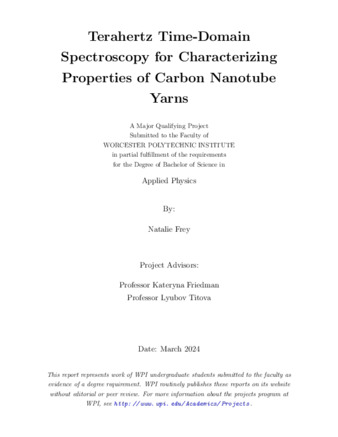 Terahertz Time Domain Spectroscopy For Characterizing Properties Of Carbon Nanotube Yarns thumbnail