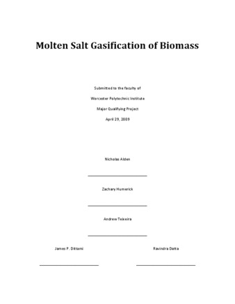 Molten Salt Gasification of Biomass thumbnail